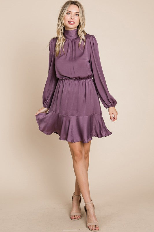 Ruffle Hem Tiered Turtle Neck Long Sleeve Dress