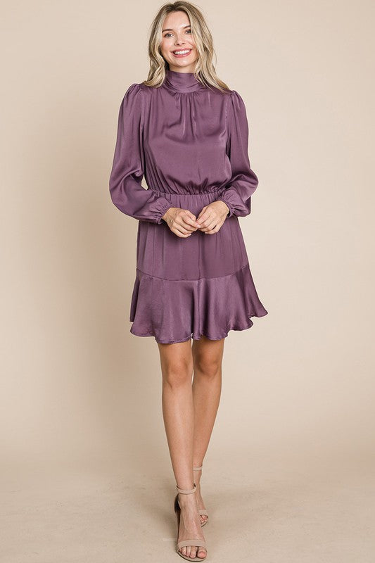 Ruffle Hem Tiered Turtle Neck Long Sleeve Dress