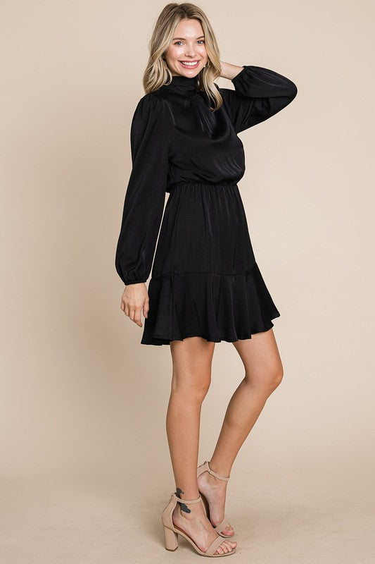 Ruffle Hem Tiered Turtle Neck Long Sleeve Dress