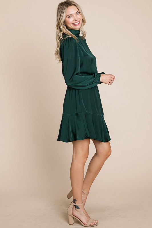 Ruffle Hem Tiered Turtle Neck Long Sleeve Dress