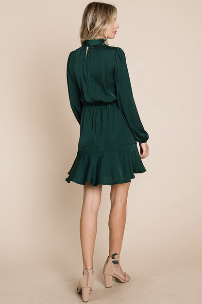 Ruffle Hem Tiered Turtle Neck Long Sleeve Dress