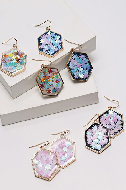 Snow Flake Glitter Stone Hook Earrings