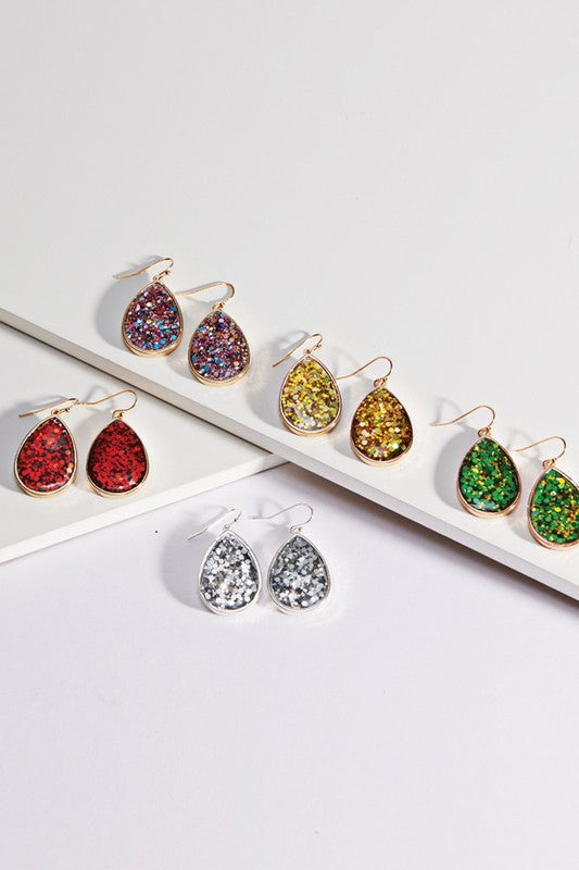 Teardrop-Shaped Glitter Stone Hook Earrings