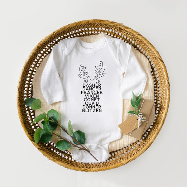 Reindeer Names Antlers Long Sleeve Onesie