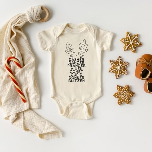 Reindeer Names Antlers Baby Onesie