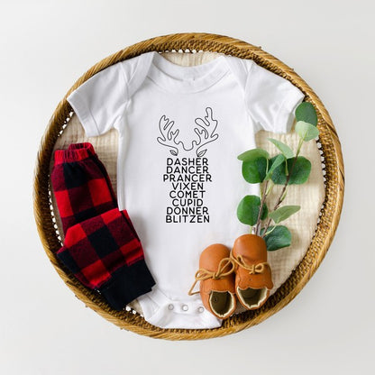 Reindeer Names Antlers Baby Onesie