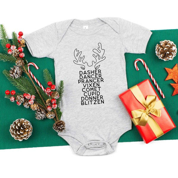 Reindeer Names Antlers Baby Onesie