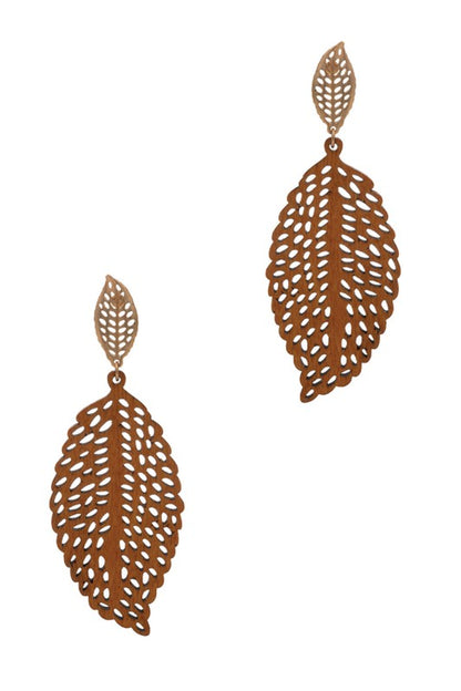 Leaf Shaped Wooden Post Earrings