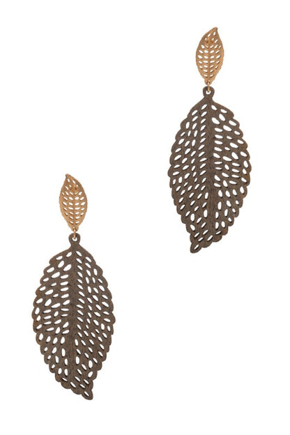 Leaf Shaped Wooden Post Earrings