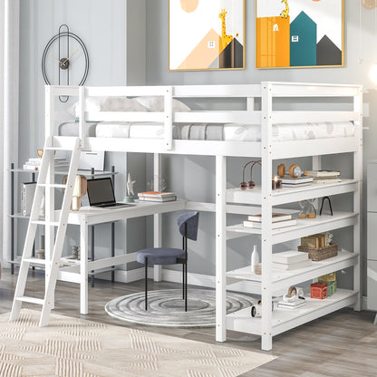 Loft Bed Full with desk,ladder,shelves , White