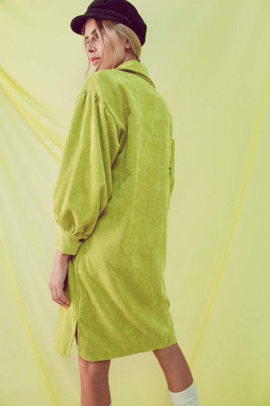 Cord mini shirt dress in lime