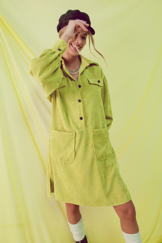 Cord mini shirt dress in lime