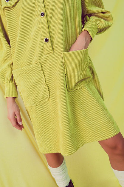 Cord mini shirt dress in lime