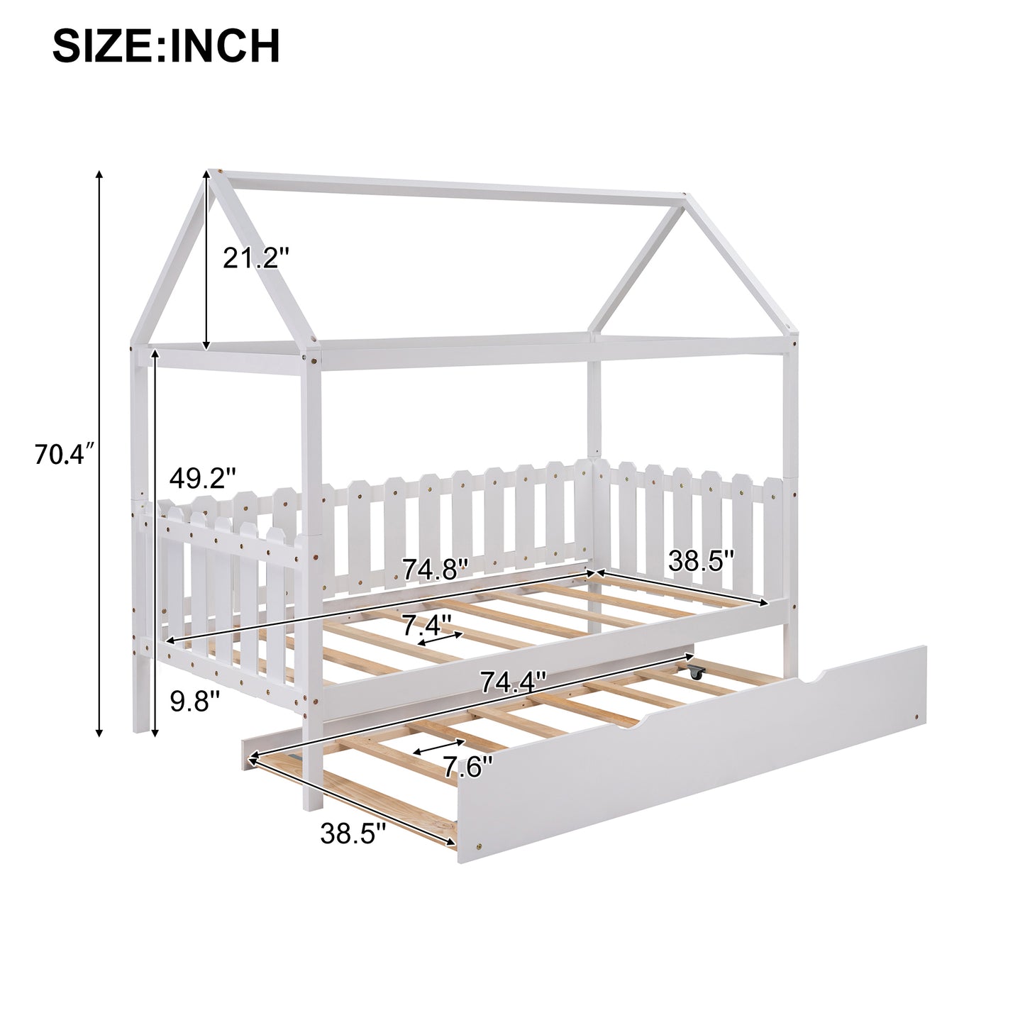 Twin Size House Bed with trundle, Fence-shaped Guardrail, White(New)