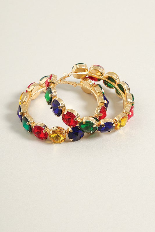 Colorful Wide Stone Paved Hoop Earrings