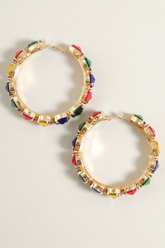 Colorful Wide Stone Paved Hoop Earrings