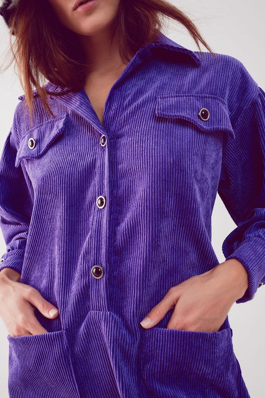 Cord mini shirt dress in purple