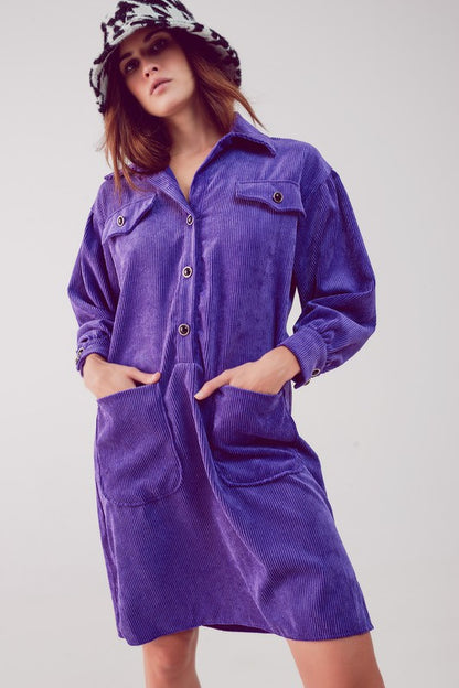 Cord mini shirt dress in purple