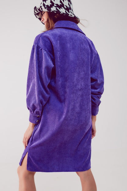 Cord mini shirt dress in purple