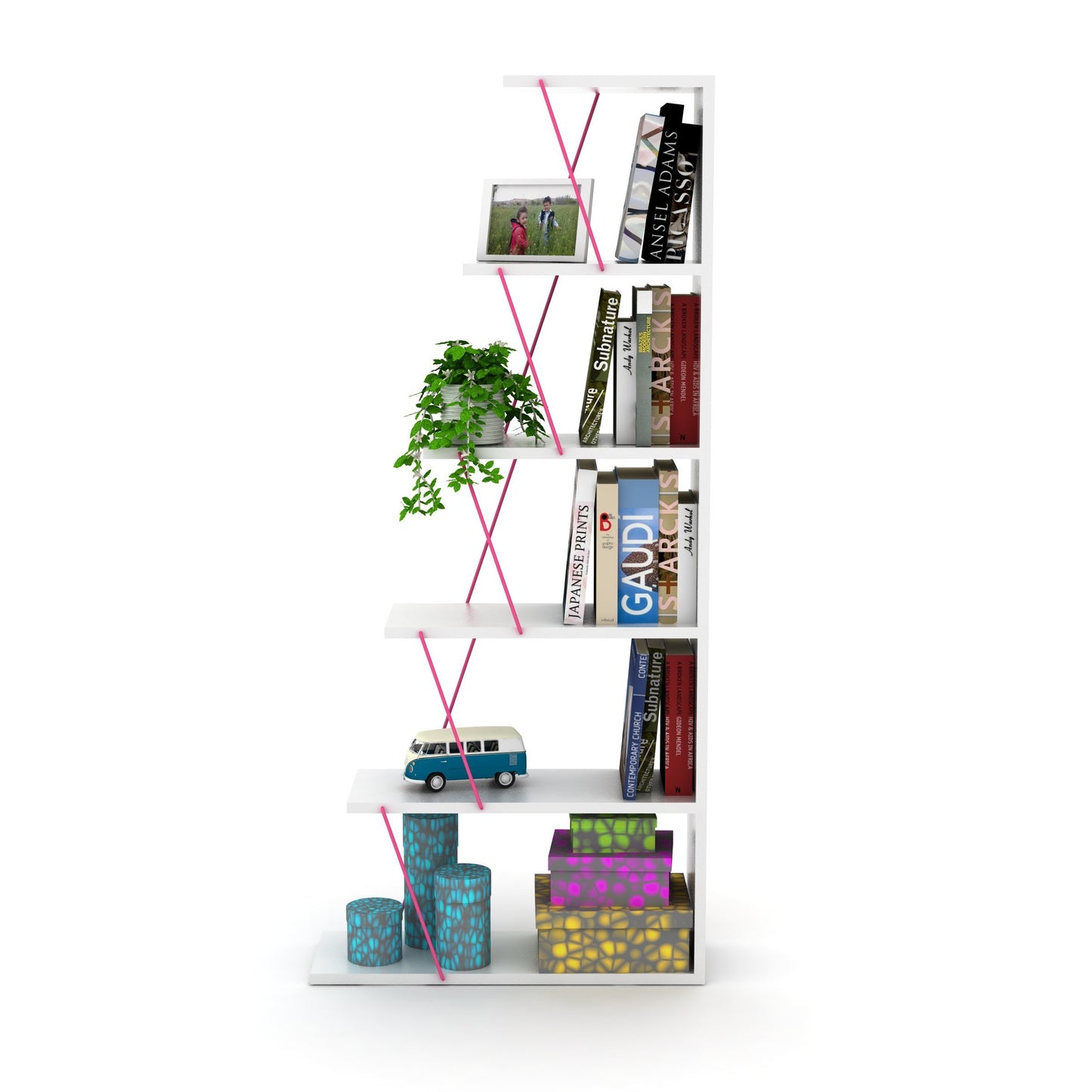 Furnish Home Store Modern 5 Tier Ladder Bookshelf Organizers, Narrow Bookshelf for Small Spaces Office Furniture Bookcase ,White/Pink