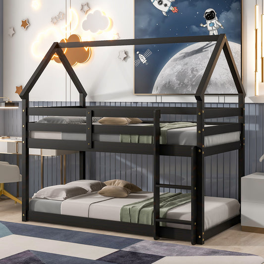 Twin over Twin Loft Bed with Roof Design, Safety Guardrail, Ladder, Espresso