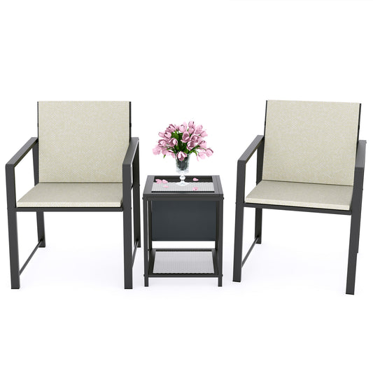 Outdoor Patio Furniture 3 pieces Set Garden Armchair Coffee Side Table,Black Frame, Modern Design