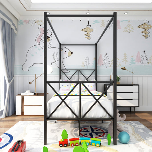 Metal Canopy Bed Frame Platform with X Shaped , Twin Black