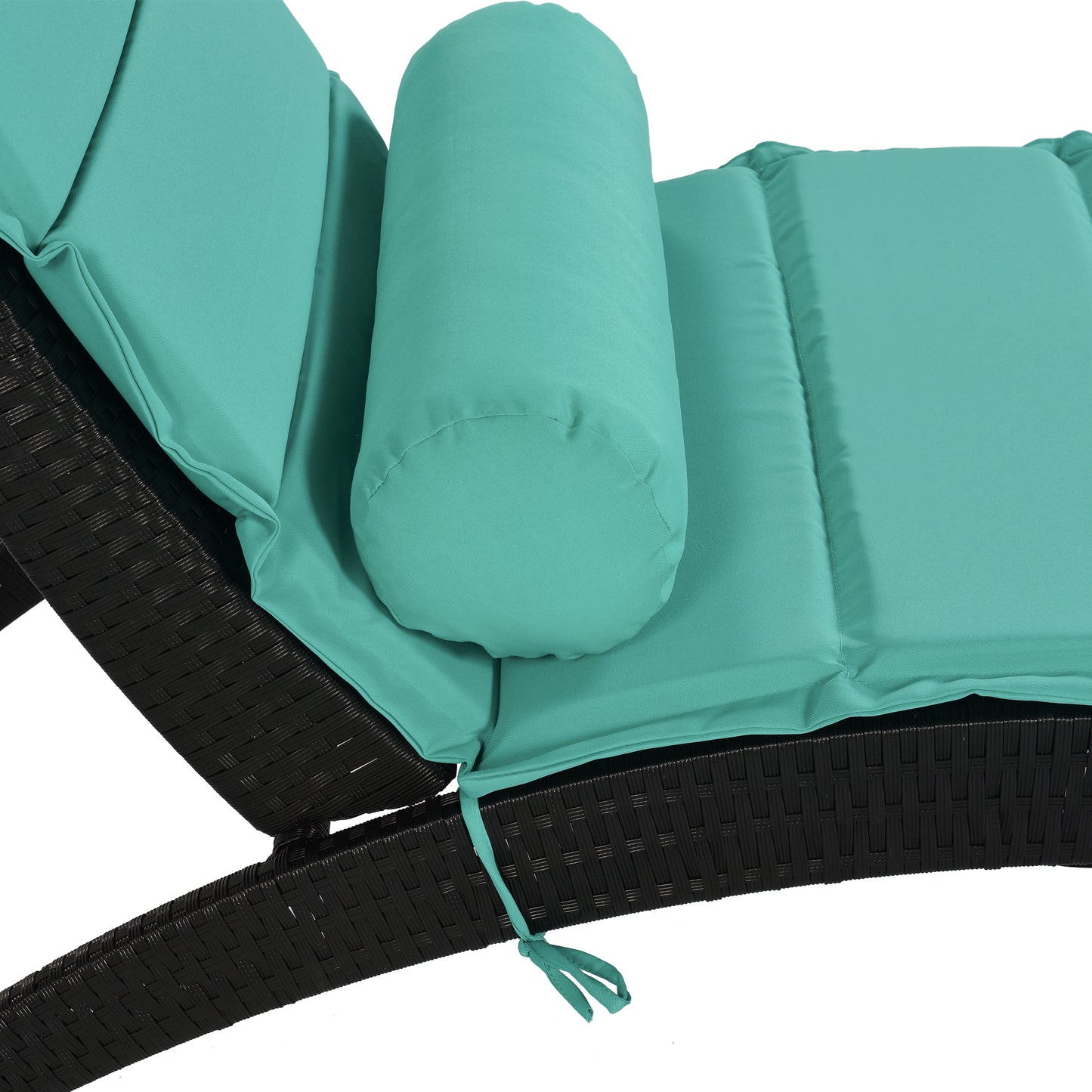 GO Patio Wicker Sun Lounger, PE Rattan Foldable Chaise Lounger with Removable Cushion and Bolster Pillow, Black Wicker and Turquoise Cushion (2 sets)