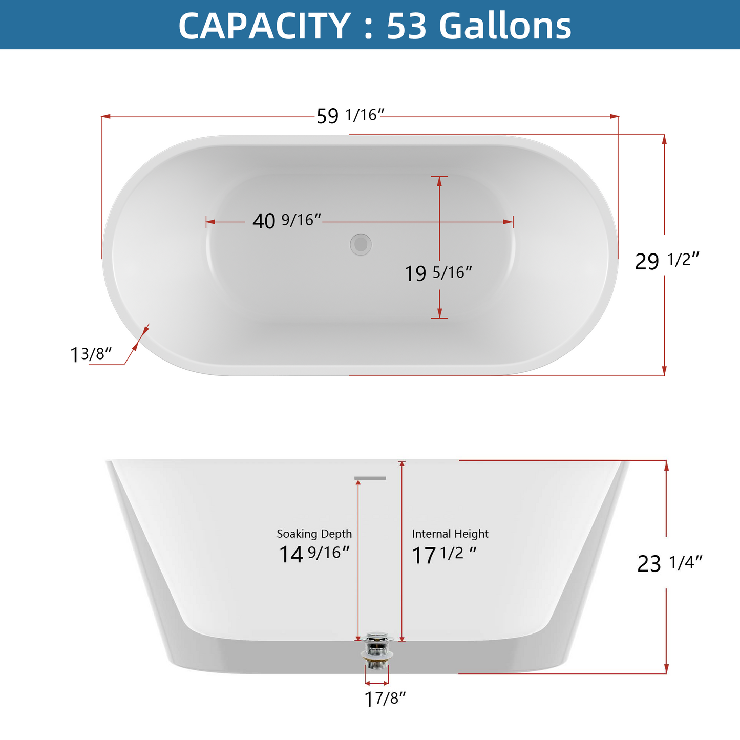 59" Acrylic Freestanding Bathtub, Gracefully Shaped Freestanding Soaking Bathtub with Brushed Nickel Drain & Minimalist Linear Design Overflow White