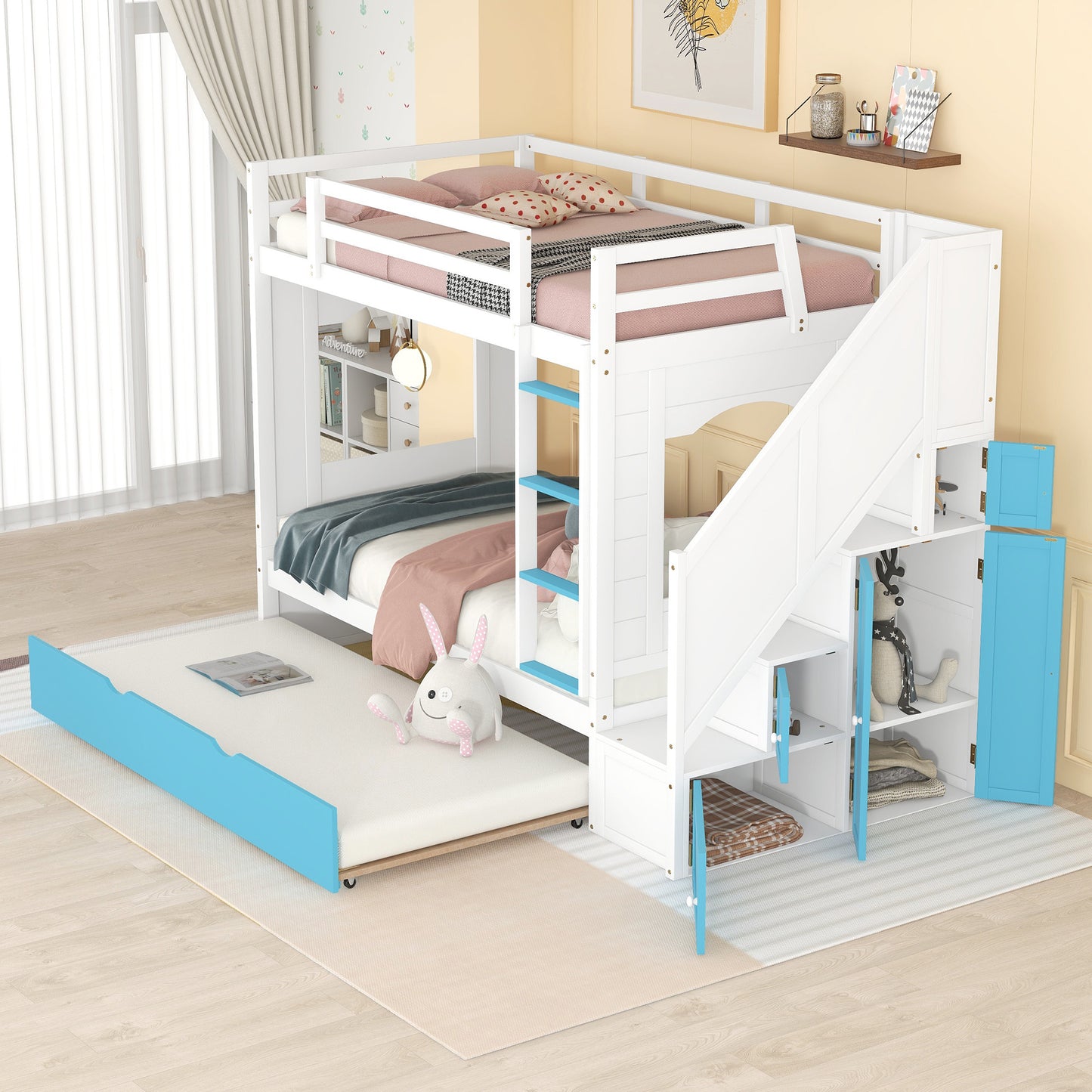 Twin Over Twin Bunk Bed with Trundle ,Stairs,Ladders Solid Wood Bunk bed with Storage Cabinet （White + Blue）