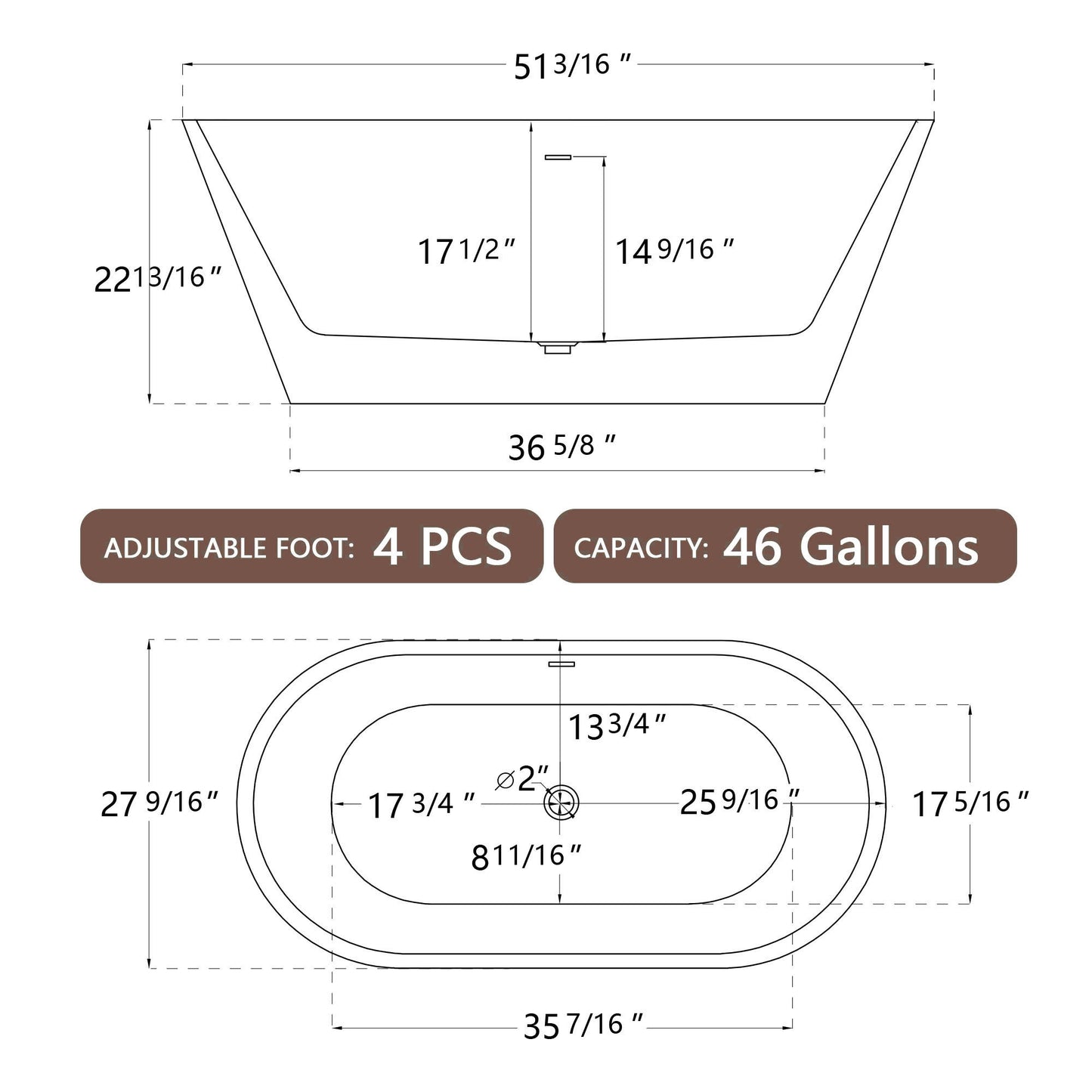 51" Acrylic Free Standing Tub - Classic Oval Shape Soaking Tub, Adjustable Freestanding Bathtub with Integrated Slotted Overflow and Chrome Pop-up Drain Anti-clogging Gloss White