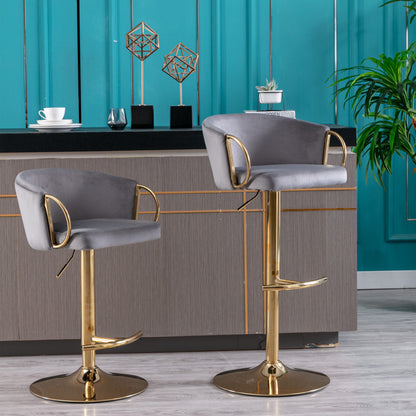 Set of 2  Bar Stools,with Chrome Footrest and Base Swivel Height Adjustable Mechanical Lifting Velvet + Golden Leg Simple Bar Stool-Grey