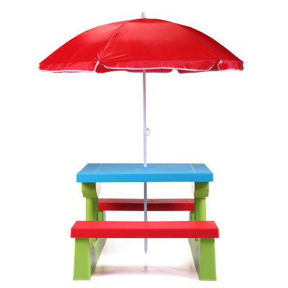 Kid Outdoor Picnic Table Set with Removable and Foldable Umbrella, Junior Activity Play Table with Bench, Multicolor