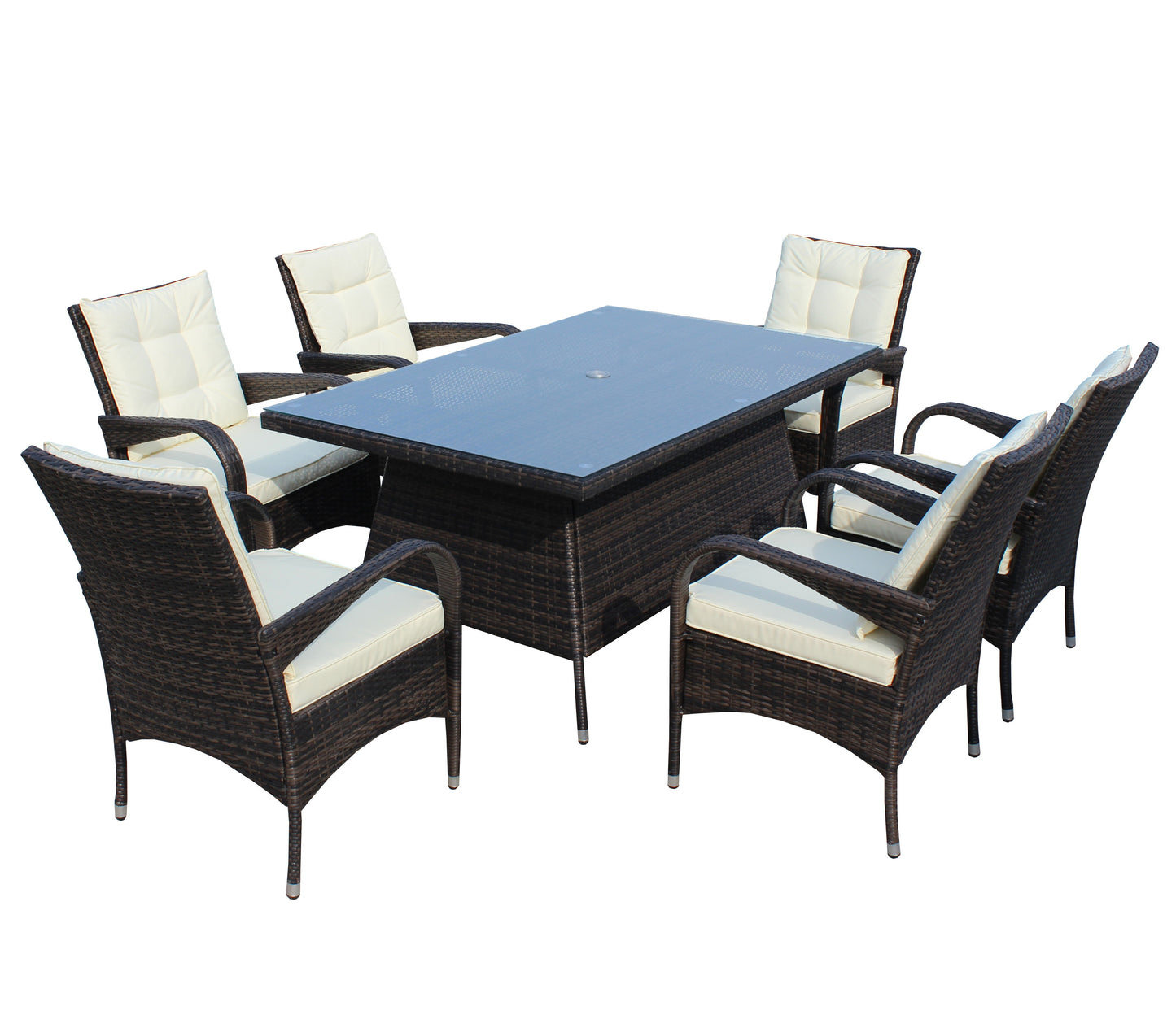 Patio 7-Piece Rectangular Dining Set with 6 Dining Chairs (Brown &Beige Cushion )