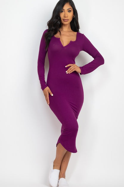 Split Neck Long Sleeve Midi Dress