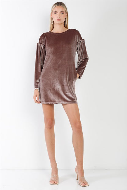 Velvet Long Sleeve Pearl Detail Mini Dress