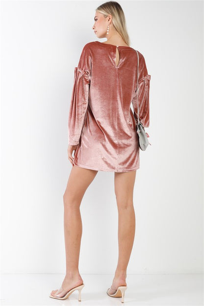 Velvet Long Sleeve Pearl Detail Mini Dress