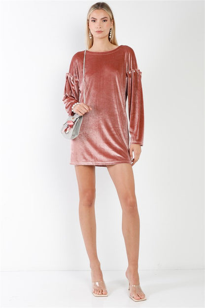 Velvet Long Sleeve Pearl Detail Mini Dress