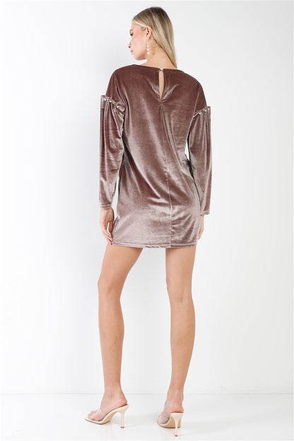 Velvet Long Sleeve Pearl Detail Mini Dress