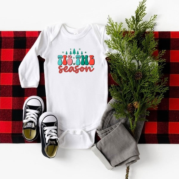 Retro Tis The Season Trees Long Sleeve Onesie