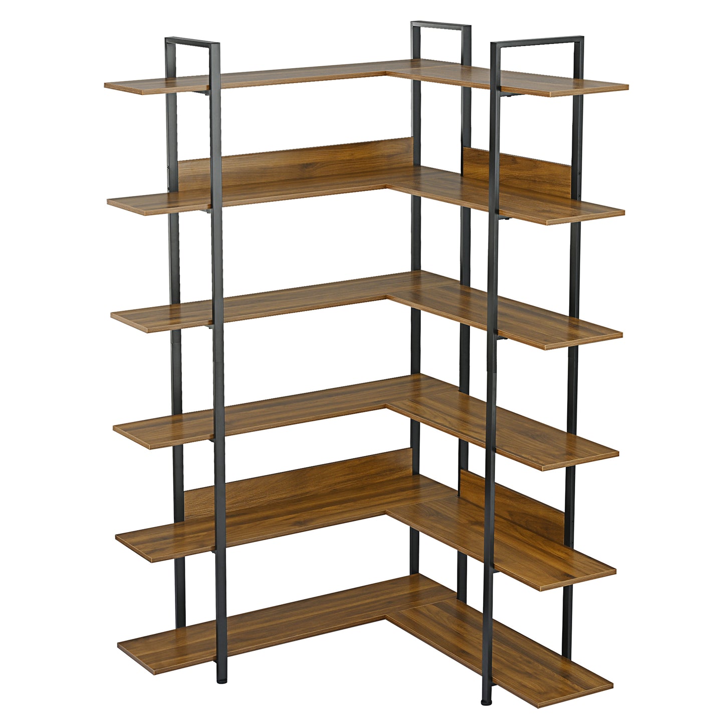 74.8 Inch Bookshelf L-shape MDF Boards Stainless Steel Frame Corner 6-tier Shelves Adjustable Foot Pads, Brown