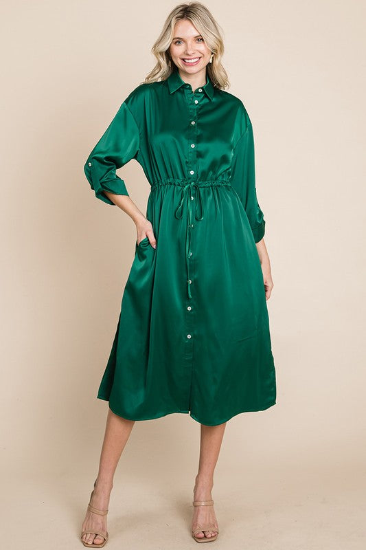 Collared Satin Tied Waist Midi Shirt Dress