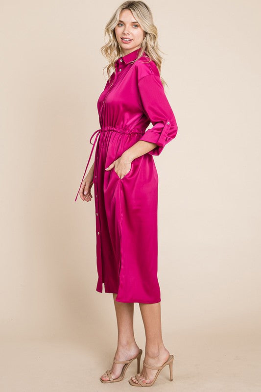 Collared Satin Tied Waist Midi Shirt Dress