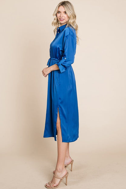 Collared Satin Tied Waist Midi Shirt Dress