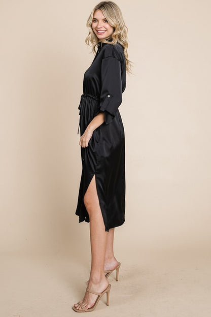 Collared Satin Tied Waist Midi Shirt Dress