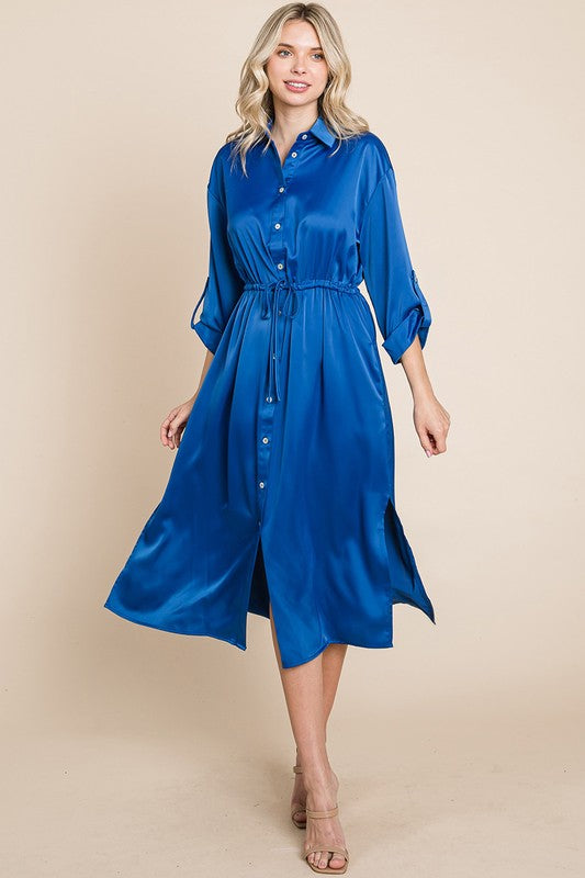 Collared Satin Tied Waist Midi Shirt Dress