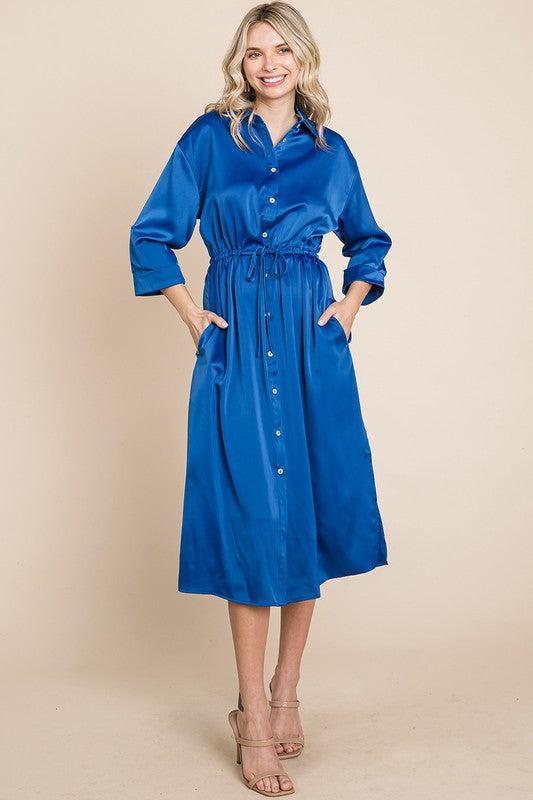 Collared Satin Tied Waist Midi Shirt Dress