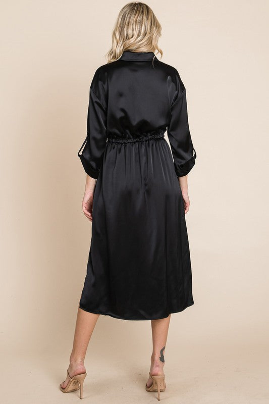 Collared Satin Tied Waist Midi Shirt Dress