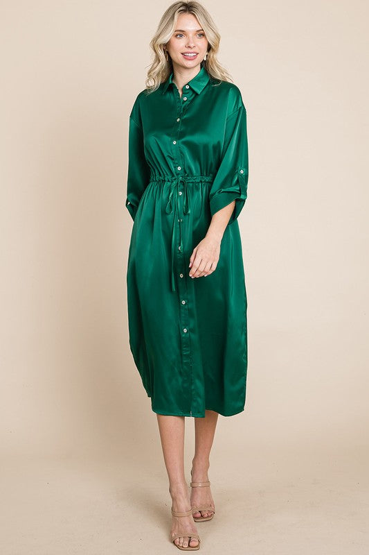 Collared Satin Tied Waist Midi Shirt Dress