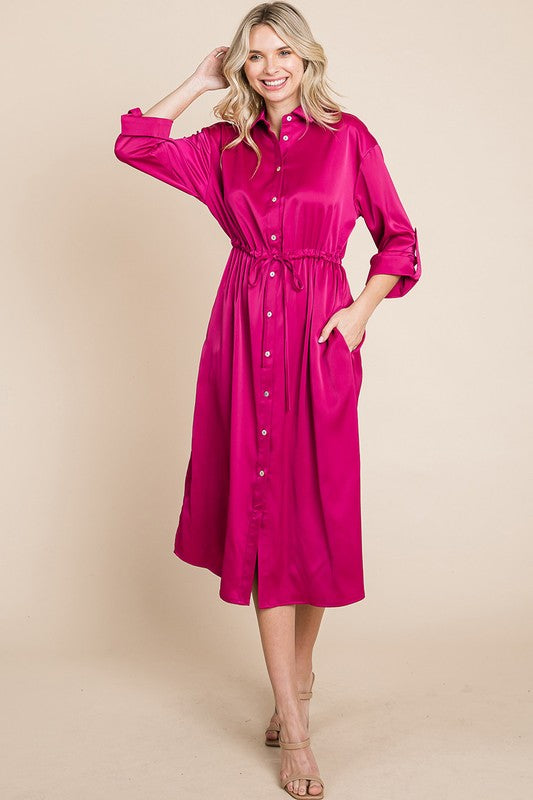 Collared Satin Tied Waist Midi Shirt Dress